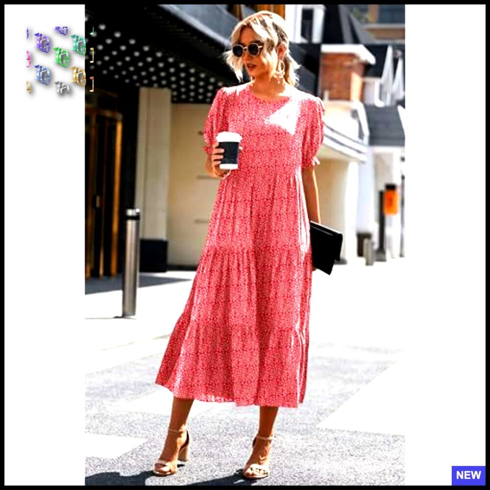 Floral Boho Midi Dress Casual Summer Puff Sleeve Flowy Beach Vacation Sundress - Picture 6 of 6